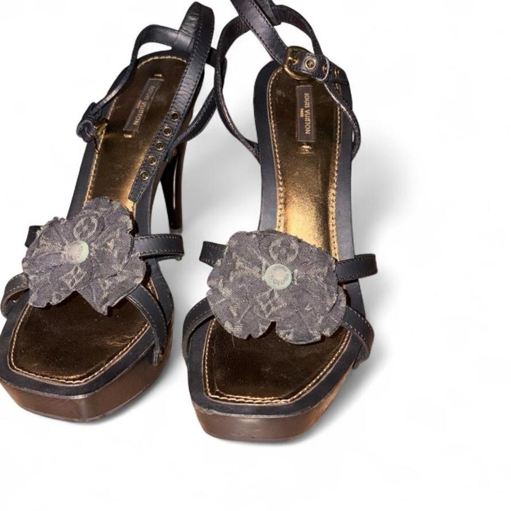 Louis Vuitton Black Demin Floral Platform Wooden Heels EU 40